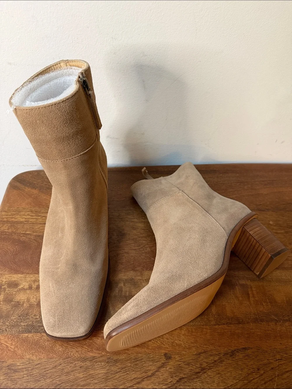 Patina Suede Tan Ankle Booties with Stacked Heel 10.5